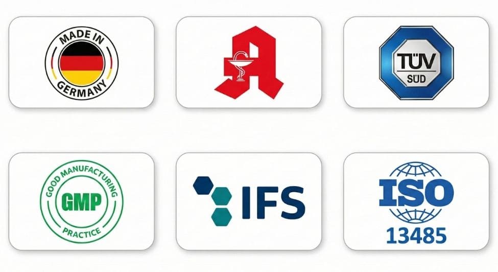 Zertifizierungen: Made in Germany, Apotheken-Qualität, TÜV SÜD
geprüft, GMP, IFS, ISO 13485