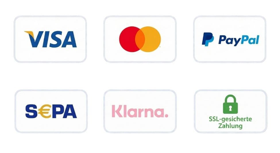 Zahlungsmethoden: Visa, Mastercard, PayPal, SEPA, Klarna, SSL-gesichert
